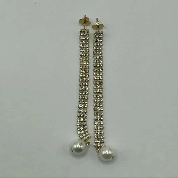 Open Edit Imitation Pearl Crystal Pavé Duster Earrings Formal Dangle Prom - Picture 3 of 4